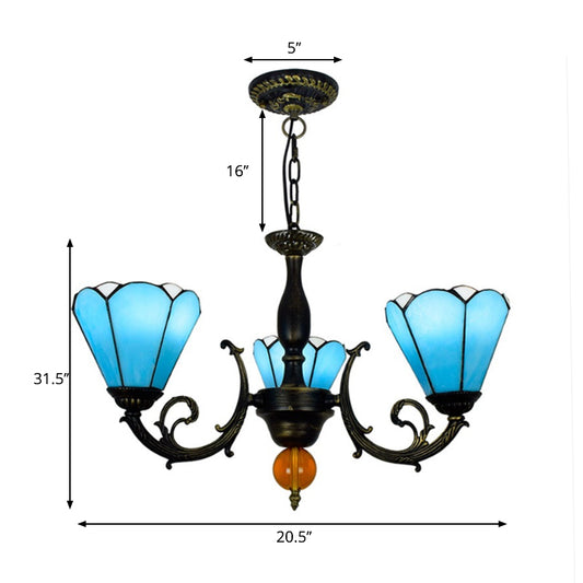 Sky Blue Conic Shape Chandelier Vintage Stained Glass 3 Lights Decorative Hanging Light for Living Room Clearhalo 'Ceiling Lights' 'Chandeliers' 'Industrial' 'Middle Century Chandeliers' 'Tiffany Chandeliers' 'Tiffany close to ceiling' 'Tiffany' Lighting' 180666