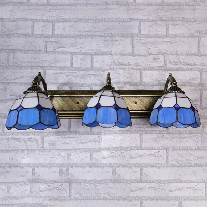 Mediterranean Dome Vanity Lighting Stained Glass 3 Lights Wall Sconce Light in Aged Brass Blue Clearhalo 'Industrial' 'Middle century wall lights' 'Tiffany wall lights' 'Tiffany' 'Wall Lamps & Sconces' 'Wall Lights' Lighting' 180674