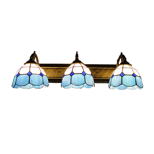 Mediterranean Dome Vanity Lighting Stained Glass 3 Lights Wall Sconce Light in Aged Brass - Clearhalo - 'Industrial' - 'Middle century wall lights' - 'Tiffany wall lights' - 'Tiffany' - 'Wall Lamps & Sconces' - 'Wall Lights' - Lighting' - 180677