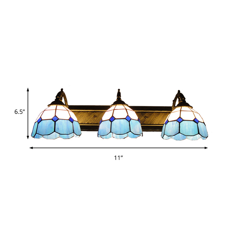Mediterranean Dome Vanity Lighting Stained Glass 3 Lights Wall Sconce Light in Aged Brass Clearhalo 'Industrial' 'Middle century wall lights' 'Tiffany wall lights' 'Tiffany' 'Wall Lamps & Sconces' 'Wall Lights' Lighting' 180678