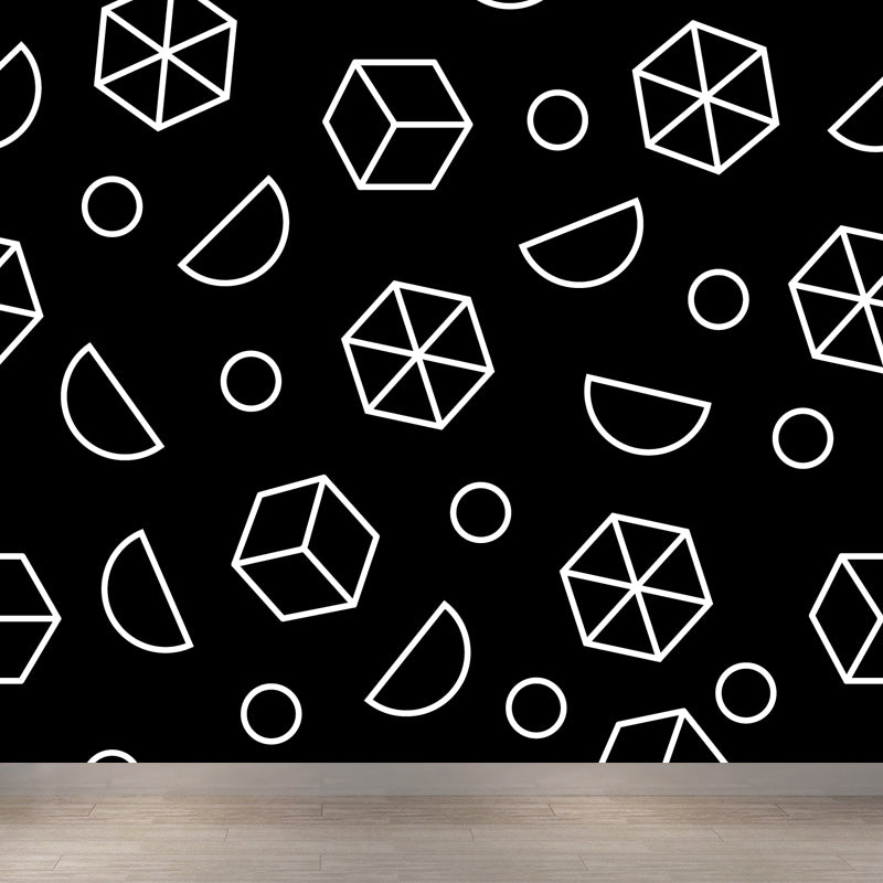 Modern Geometric Wall Paper Mural for Kids Room Custom Wall Covering in Black-White Black Design 3 Clearhalo 'Wall Decor' 'Wall Mural' 1806798