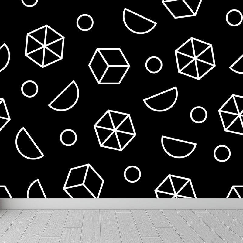 Modern Geometric Wall Paper Mural for Kids Room Custom Wall Covering in Black-White Clearhalo 'Wall Decor' 'Wall Mural' 1806799