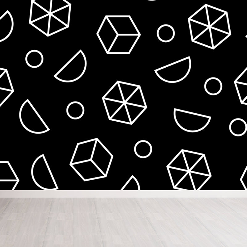 Modern Geometric Wall Paper Mural for Kids Room Custom Wall Covering in Black-White Clearhalo 'Wall Decor' 'Wall Mural' 1806800