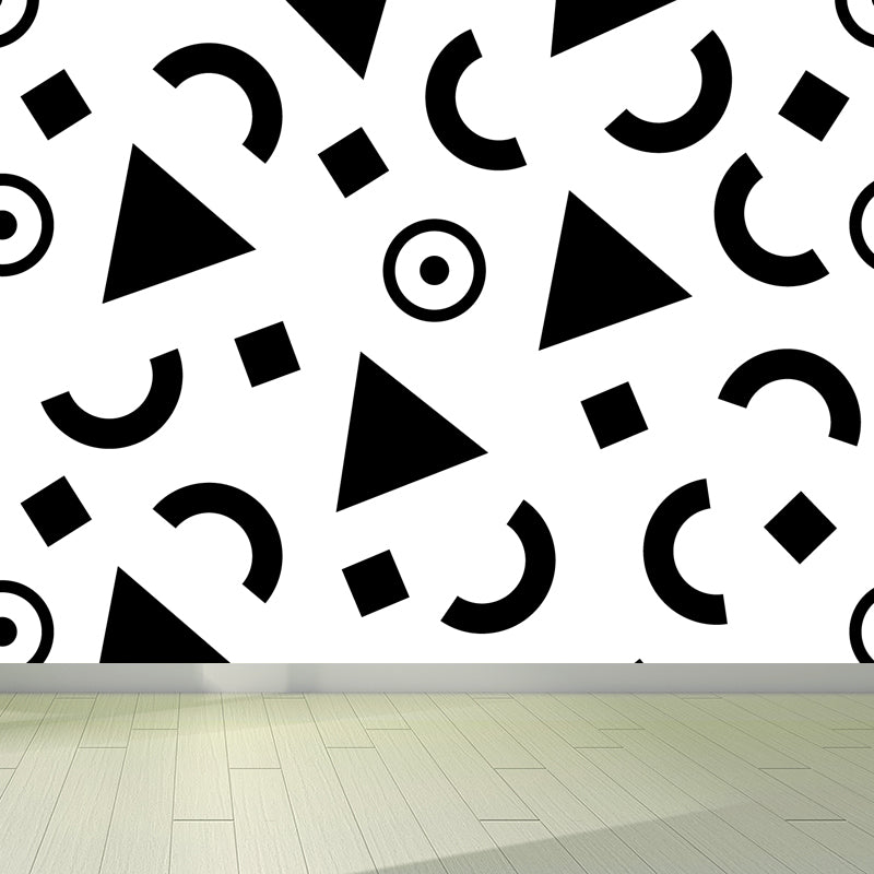 Modern Geometric Wall Paper Mural for Kids Room Custom Wall Covering in Black-White Clearhalo 'Wall Decor' 'Wall Mural' 1806809