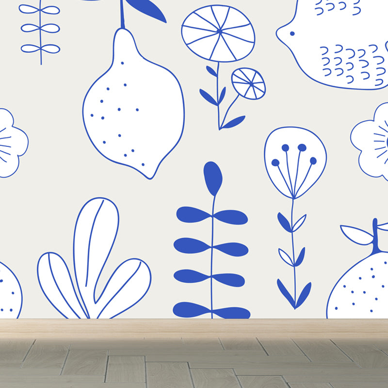 Illustration Flower Wall Mural Decal for House Interior, Soft Color, Made to Measure Blue Clearhalo 'Wall Decor' 'Wall Mural' 1807158