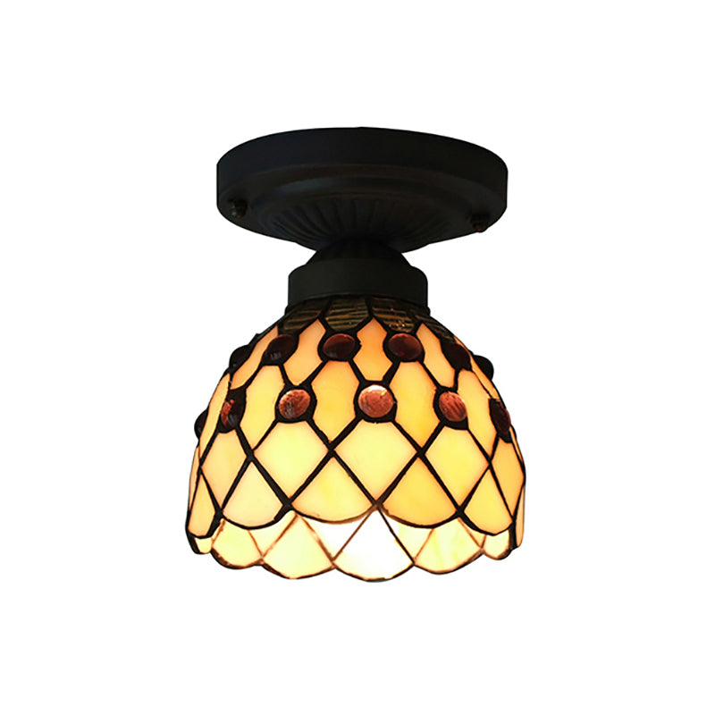 Cup Shade Semi Flush Mount Retro Style Purple/Beige Glass 1 Light Ceiling Light Fixture with Jewel Pattern Clearhalo 'Ceiling Lights' 'Close To Ceiling Lights' 'Close to ceiling' 'Glass shade' 'Glass' 'Semi-flushmount' 'Tiffany close to ceiling' 'Tiffany' Lighting' 180718