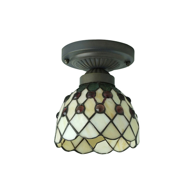 Cup Shade Semi Flush Mount Retro Style Purple/Beige Glass 1 Light Ceiling Light Fixture with Jewel Pattern Clearhalo 'Ceiling Lights' 'Close To Ceiling Lights' 'Close to ceiling' 'Glass shade' 'Glass' 'Semi-flushmount' 'Tiffany close to ceiling' 'Tiffany' Lighting' 180719