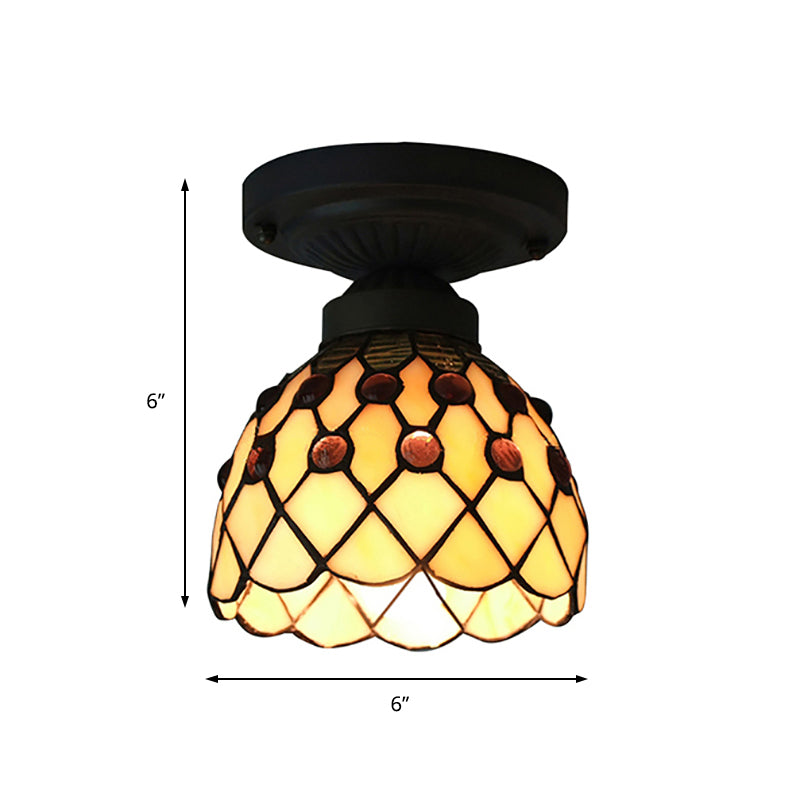 Cup Shade Semi Flush Mount Retro Style Purple/Beige Glass 1 Light Ceiling Light Fixture with Jewel Pattern Clearhalo 'Ceiling Lights' 'Close To Ceiling Lights' 'Close to ceiling' 'Glass shade' 'Glass' 'Semi-flushmount' 'Tiffany close to ceiling' 'Tiffany' Lighting' 180720