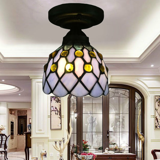 Cup Shade Semi Flush Mount Retro Style Purple/Beige Glass 1 Light Ceiling Light Fixture with Jewel Pattern Purple Clearhalo 'Ceiling Lights' 'Close To Ceiling Lights' 'Close to ceiling' 'Glass shade' 'Glass' 'Semi-flushmount' 'Tiffany close to ceiling' 'Tiffany' Lighting' 180721