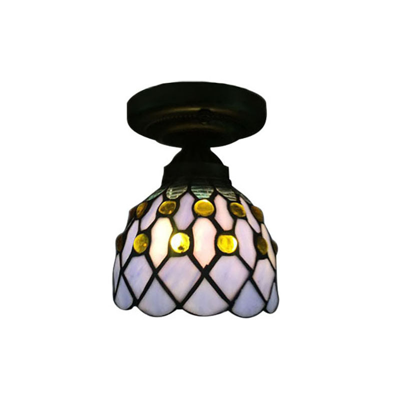 Cup Shade Semi Flush Mount Retro Style Purple/Beige Glass 1 Light Ceiling Light Fixture with Jewel Pattern Clearhalo 'Ceiling Lights' 'Close To Ceiling Lights' 'Close to ceiling' 'Glass shade' 'Glass' 'Semi-flushmount' 'Tiffany close to ceiling' 'Tiffany' Lighting' 180722