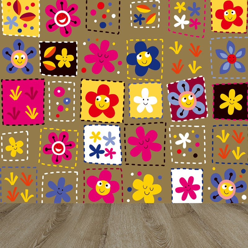 Colorful Flower Print Mural Decal Moisture Resistant Cartoon Nursery Wall Covering Brown Clearhalo 'Wall Decor' 'Wall Mural' 1807263