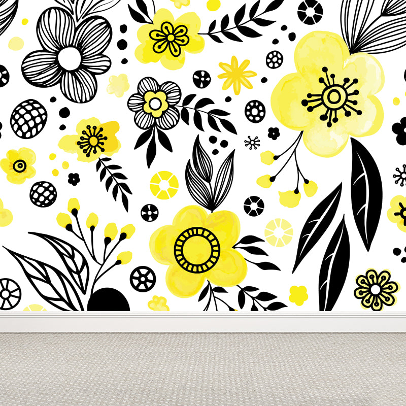 Bright Flowers Wall Mural Decal Stain Resistant Wall Decor for Kindergarten, Custom Made Black Clearhalo 'Wall Decor' 'Wall Mural' 1807268