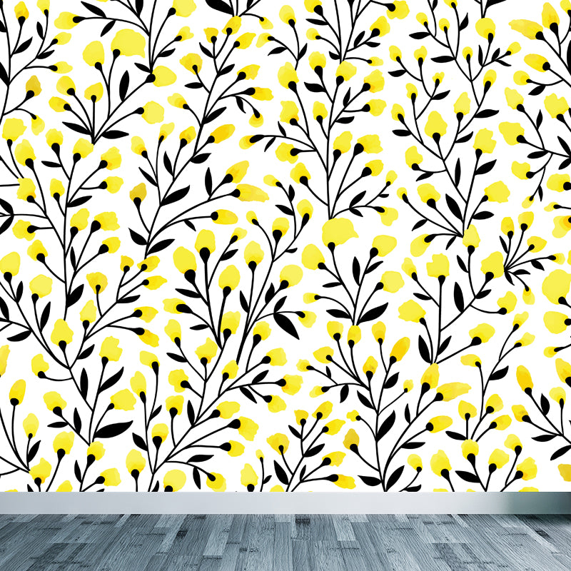 Bright Flowers Wall Mural Decal Stain Resistant Wall Decor for Kindergarten, Custom Made Light Yellow Clearhalo 'Wall Decor' 'Wall Mural' 1807273