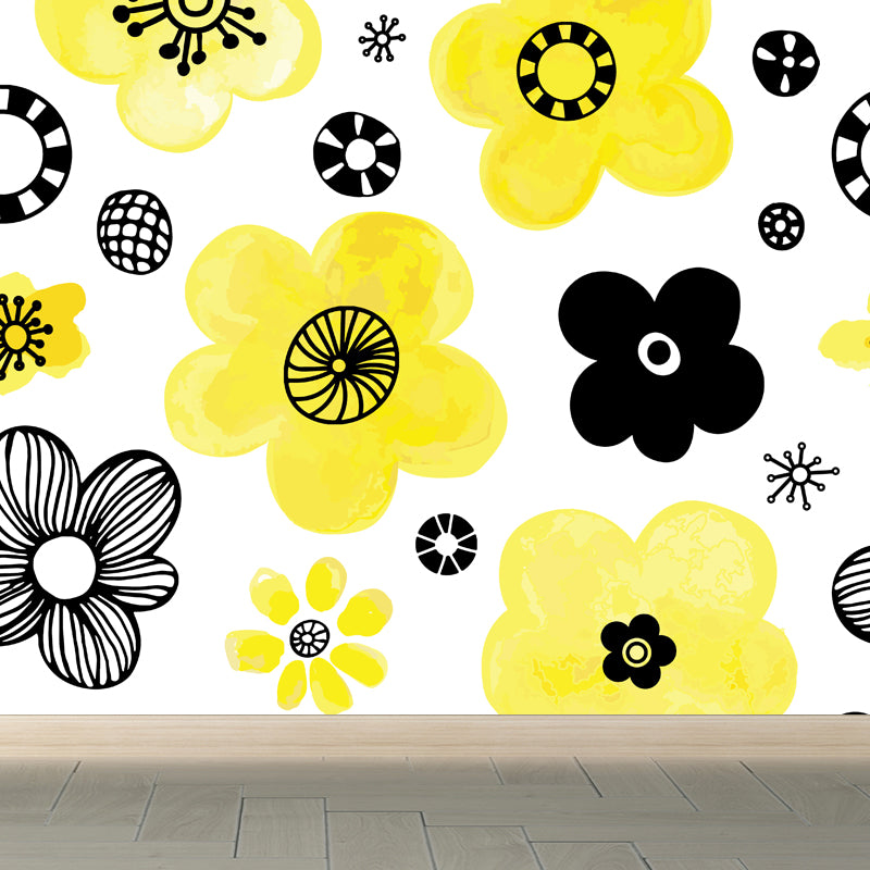 Bright Flowers Wall Mural Decal Stain Resistant Wall Decor for Kindergarten, Custom Made Yellow Clearhalo 'Wall Decor' 'Wall Mural' 1807278