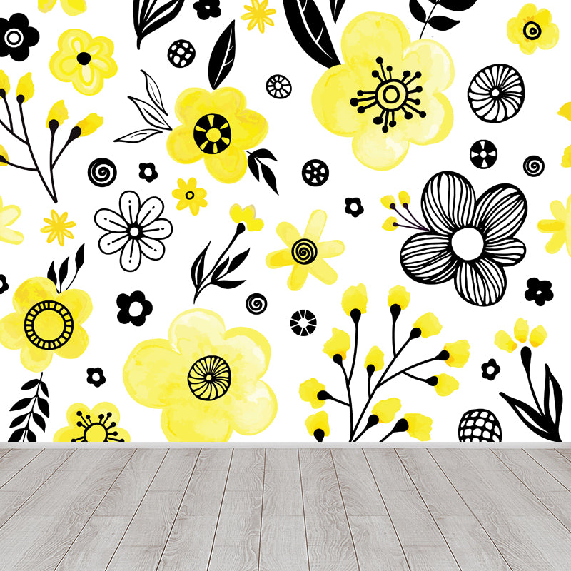 Bright Flowers Wall Mural Decal Stain Resistant Wall Decor for Kindergarten, Custom Made Dark Yellow Clearhalo 'Wall Decor' 'Wall Mural' 1807283