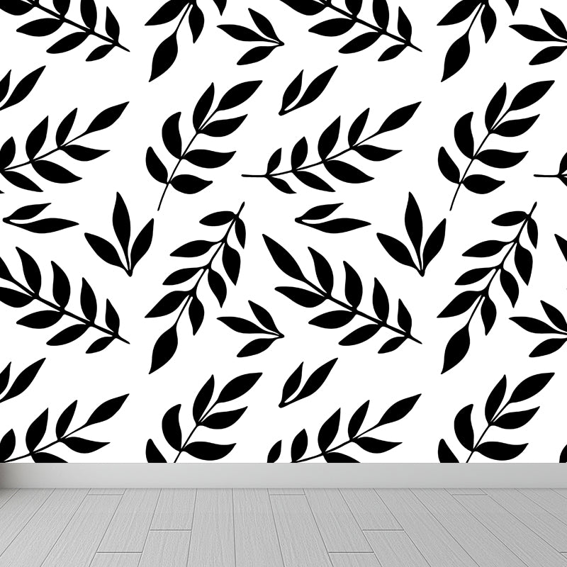Flower and Leaf Print Mural Modern Waterproof Girls Bedroom Wall Art, Custom Size Black Clearhalo 'Wall Decor' 'Wall Mural' 1807293