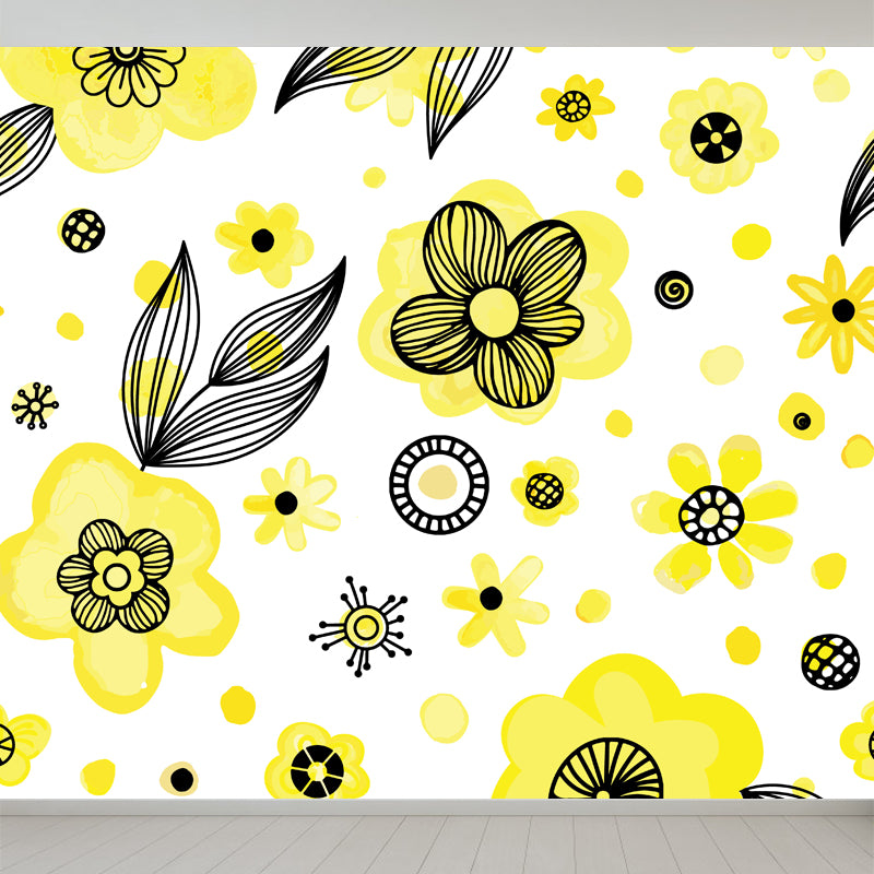 Flower and Leaf Print Mural Modern Waterproof Girls Bedroom Wall Art, Custom Size Fluorescent Yellow Clearhalo 'Wall Decor' 'Wall Mural' 1807298