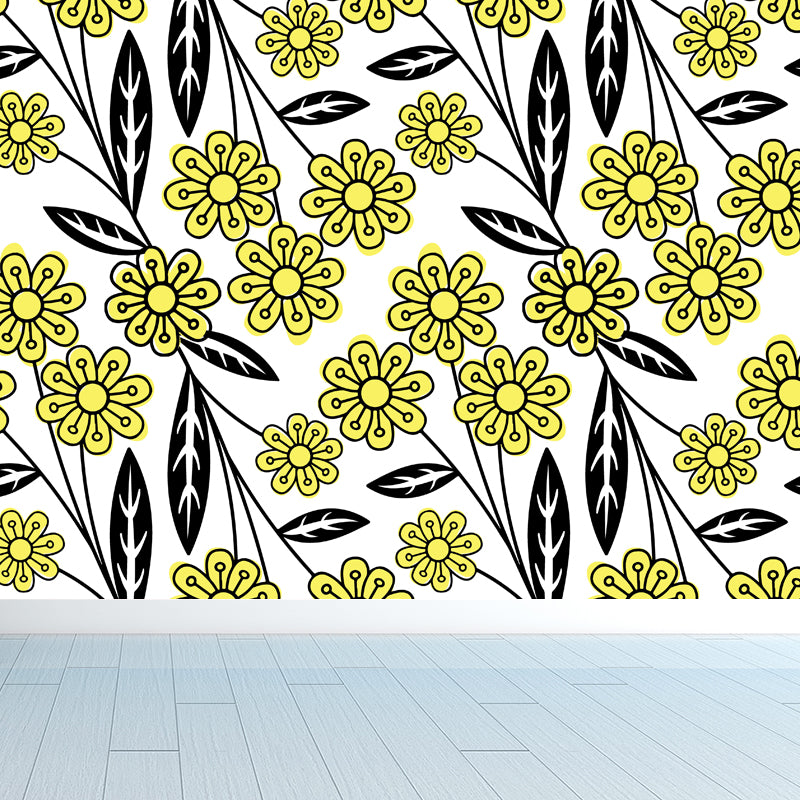 Flower and Leaf Print Mural Modern Waterproof Girls Bedroom Wall Art, Custom Size Dark Yellow Clearhalo 'Wall Decor' 'Wall Mural' 1807308