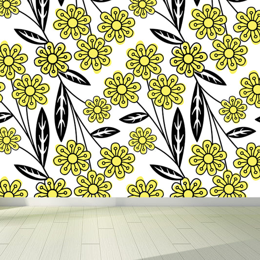 Flower and Leaf Print Mural Modern Waterproof Girls Bedroom Wall Art, Custom Size Clearhalo 'Wall Decor' 'Wall Mural' 1807309