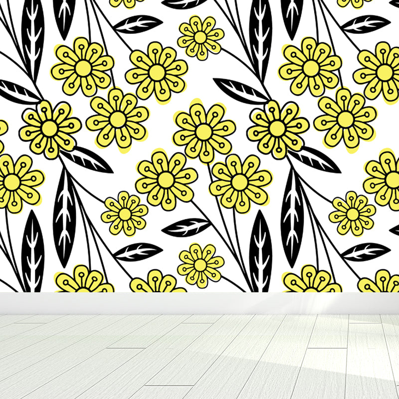 Flower and Leaf Print Mural Modern Waterproof Girls Bedroom Wall Art, Custom Size Clearhalo 'Wall Decor' 'Wall Mural' 1807310