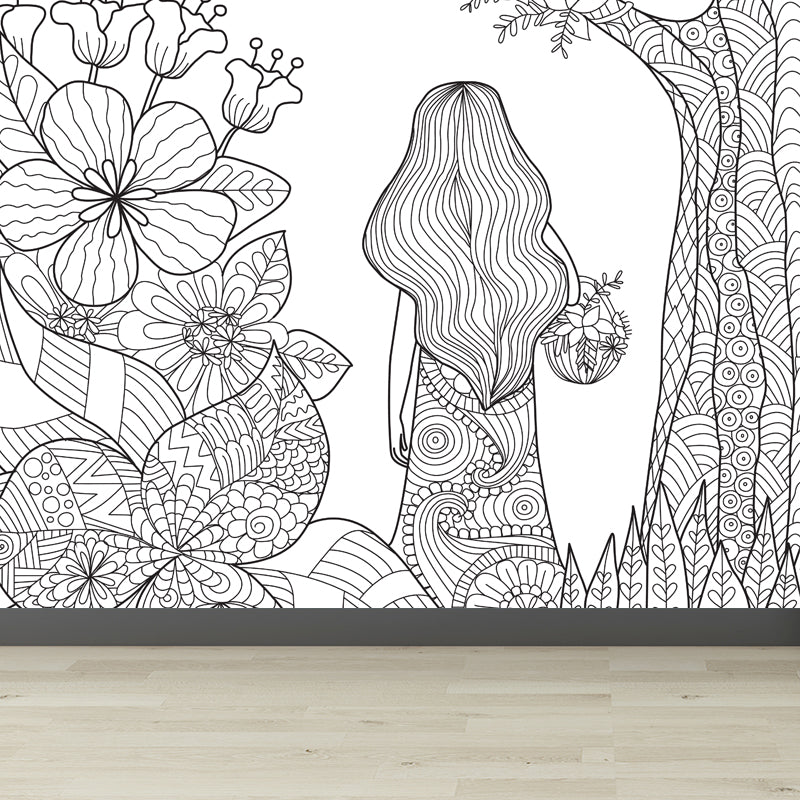 Art Deco Blossoming Wall Mural Black and White Stain-Proof Wall Covering for Girls Room Clearhalo 'Wall Decor' 'Wall Mural' 1807494