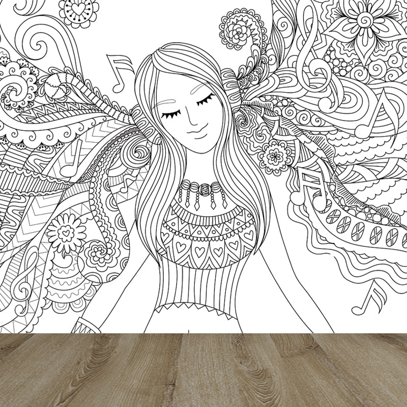 Art Deco Blossoming Wall Mural Black and White Stain-Proof Wall Covering for Girls Room Clearhalo 'Wall Decor' 'Wall Mural' 1807505