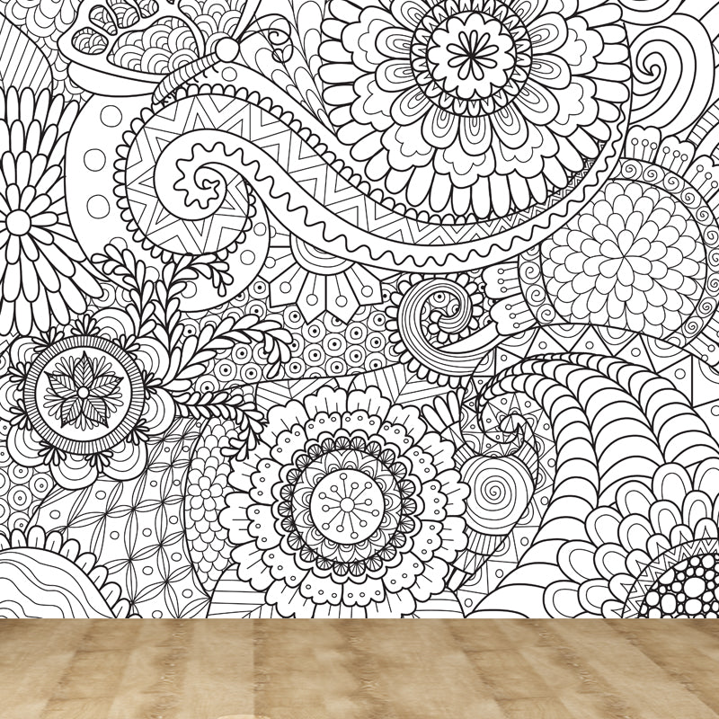 Art Deco Blossoming Wall Mural Black and White Stain-Proof Wall Covering for Girls Room Black Design 4 Clearhalo 'Wall Decor' 'Wall Mural' 1807508