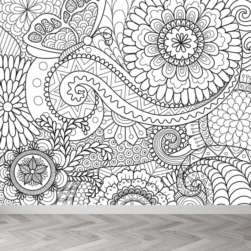 Art Deco Blossoming Wall Mural Black and White Stain-Proof Wall Covering for Girls Room Clearhalo 'Wall Decor' 'Wall Mural' 1807510