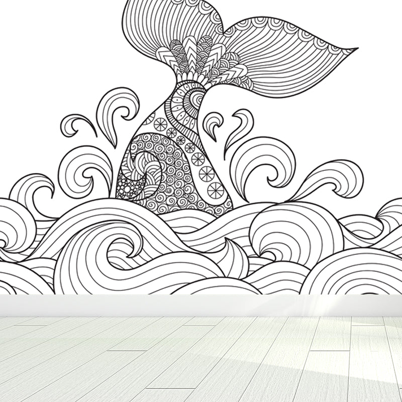 Hand-Print Fairy Tales Mural Black and White Cartoon Wall Decor for Childrens Room Clearhalo 'Wall Decor' 'Wall Mural' 1807520
