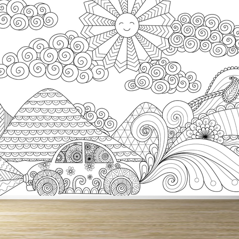 Hand-Print Fairy Tales Mural Black and White Cartoon Wall Decor for Childrens Room Black Design 3 Clearhalo 'Wall Decor' 'Wall Mural' 1807528