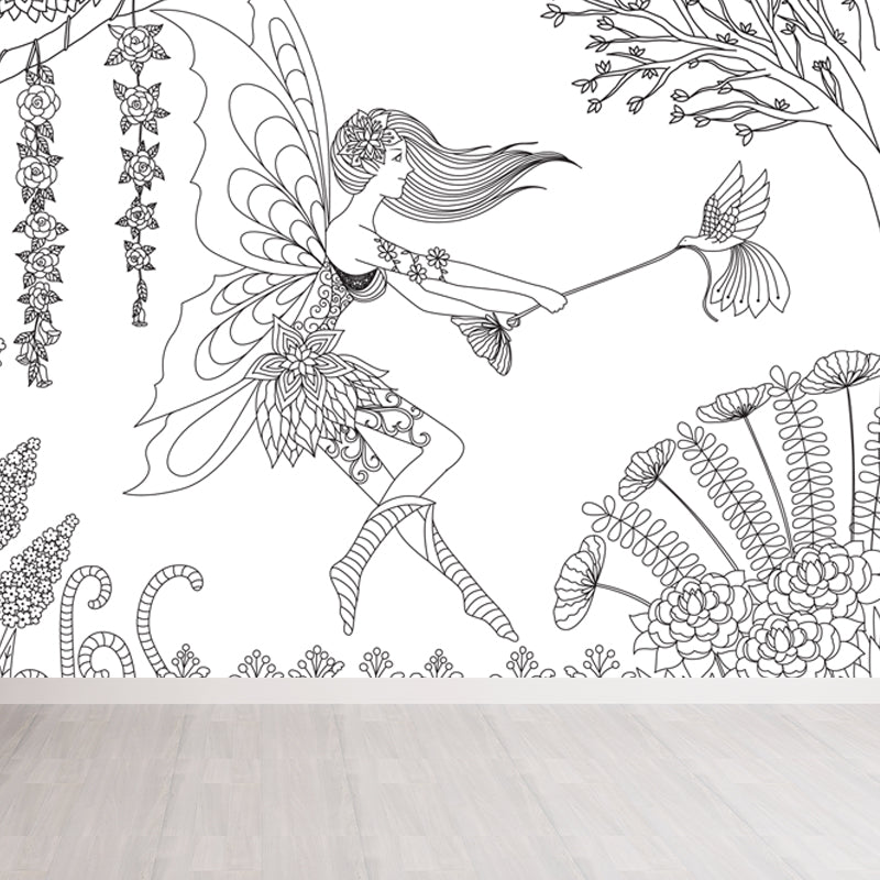 Hand-Print Fairy Tales Mural Black and White Cartoon Wall Decor for Childrens Room Clearhalo 'Wall Decor' 'Wall Mural' 1807534