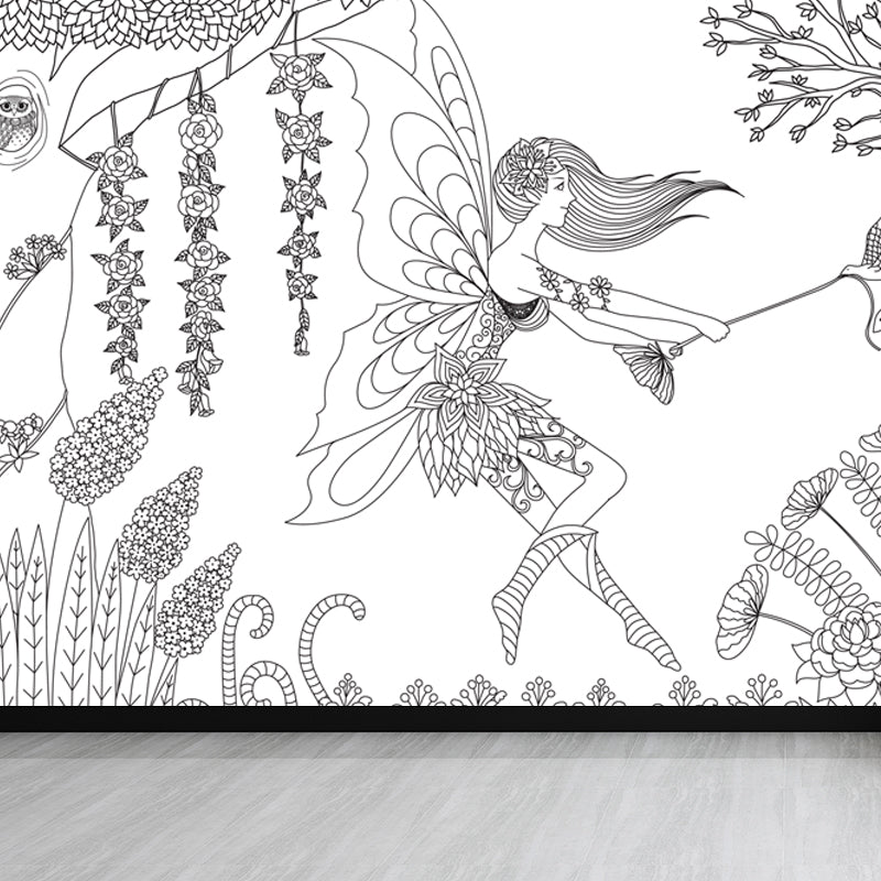 Hand-Print Fairy Tales Mural Black and White Cartoon Wall Decor for Childrens Room Clearhalo 'Wall Decor' 'Wall Mural' 1807535