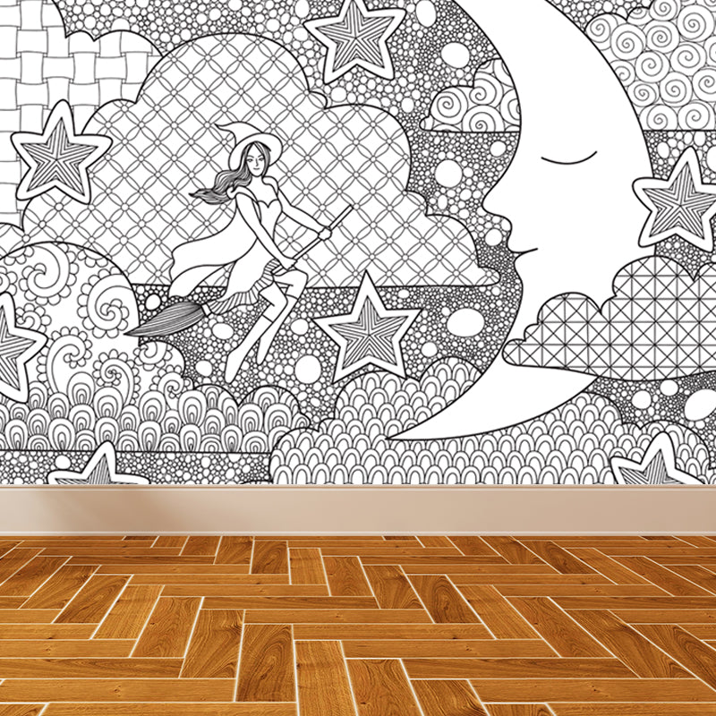 Hand-Print Fairy Tales Mural Black and White Cartoon Wall Decor for Childrens Room Black Design 5 Clearhalo 'Wall Decor' 'Wall Mural' 1807538
