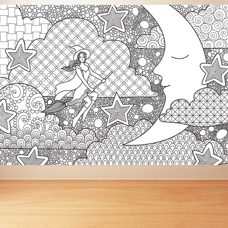 Hand-Print Fairy Tales Mural Black and White Cartoon Wall Decor for Childrens Room Clearhalo 'Wall Decor' 'Wall Mural' 1807539