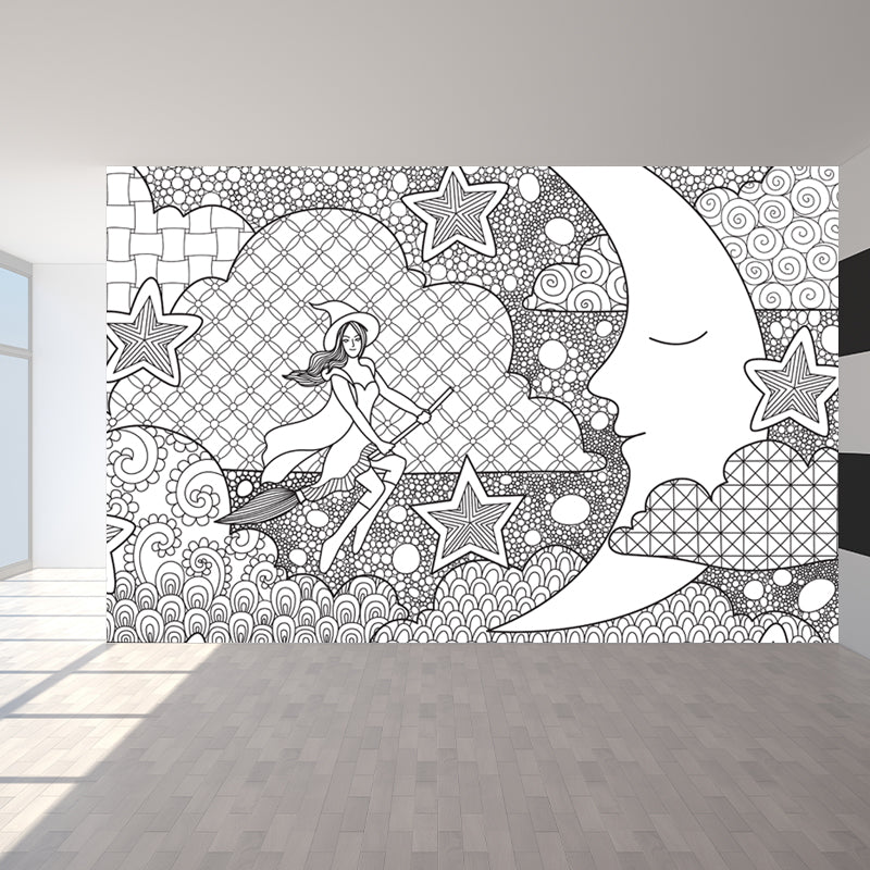 Hand-Print Fairy Tales Mural Black and White Cartoon Wall Decor for Childrens Room Clearhalo 'Wall Decor' 'Wall Mural' 1807540