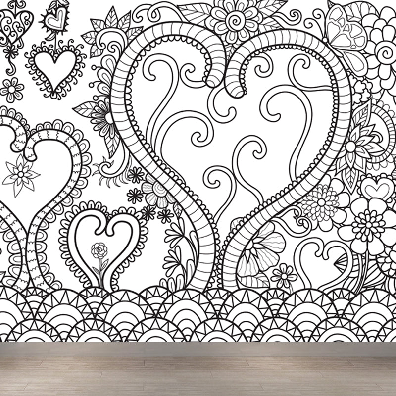 Black and White Doodles Mural Wallpaper Fantasy Kids Moisture Resistant Wall Art Clearhalo 'Wall Decor' 'Wall Mural' 1807544