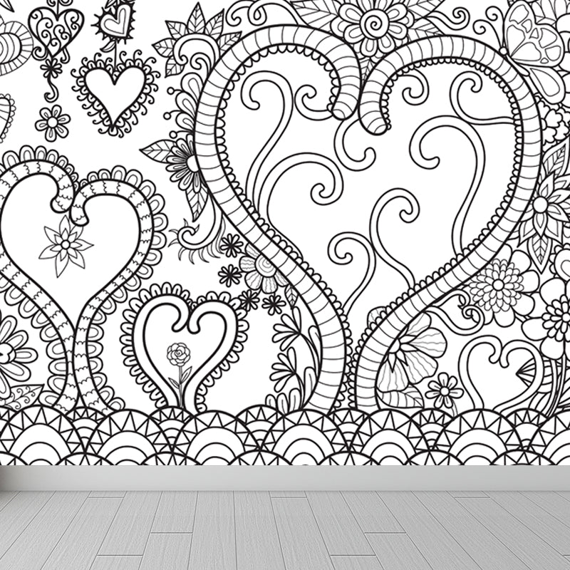 Black and White Doodles Mural Wallpaper Fantasy Kids Moisture Resistant Wall Art Clearhalo 'Wall Decor' 'Wall Mural' 1807545