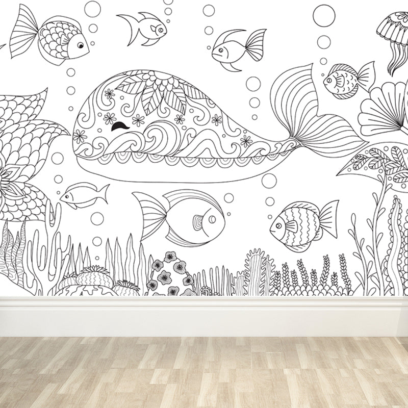 Black and White Doodles Mural Wallpaper Fantasy Kids Moisture Resistant Wall Art Black Design 2 Clearhalo 'Wall Decor' 'Wall Mural' 1807548