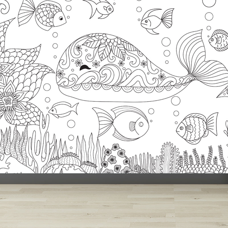 Black and White Doodles Mural Wallpaper Fantasy Kids Moisture Resistant Wall Art Clearhalo 'Wall Decor' 'Wall Mural' 1807549