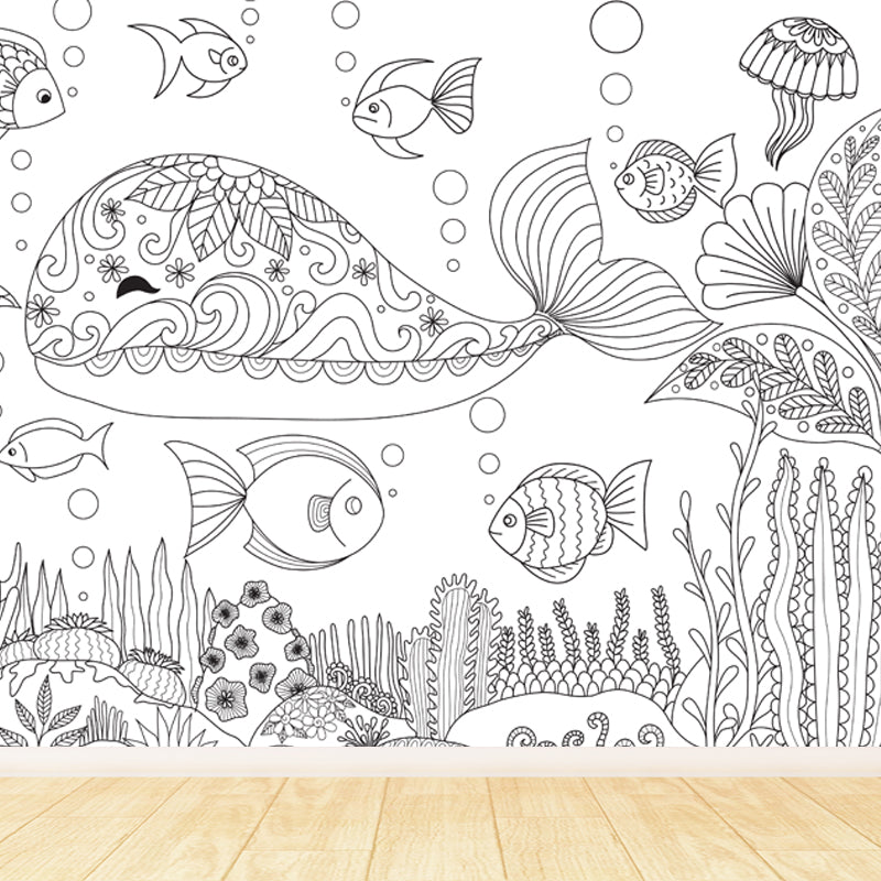 Black and White Doodles Mural Wallpaper Fantasy Kids Moisture Resistant Wall Art Clearhalo 'Wall Decor' 'Wall Mural' 1807550