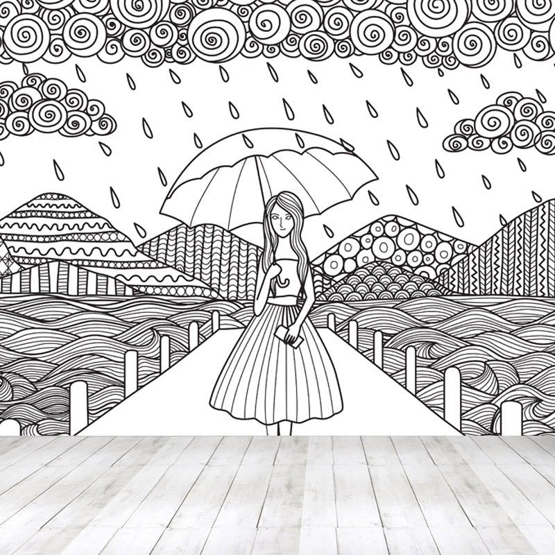 Black and White Doodles Mural Wallpaper Fantasy Kids Moisture Resistant Wall Art Black Design 3 Clearhalo 'Wall Decor' 'Wall Mural' 1807553