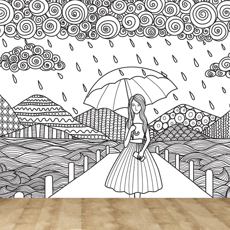 Black and White Doodles Mural Wallpaper Fantasy Kids Moisture Resistant Wall Art Clearhalo 'Wall Decor' 'Wall Mural' 1807554