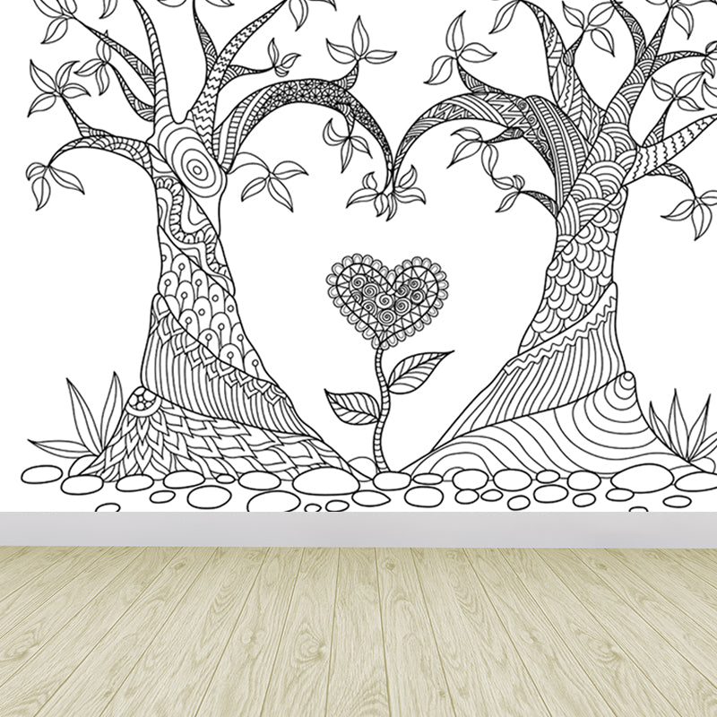 Black and White Doodles Mural Wallpaper Fantasy Kids Moisture Resistant Wall Art Clearhalo 'Wall Decor' 'Wall Mural' 1807564