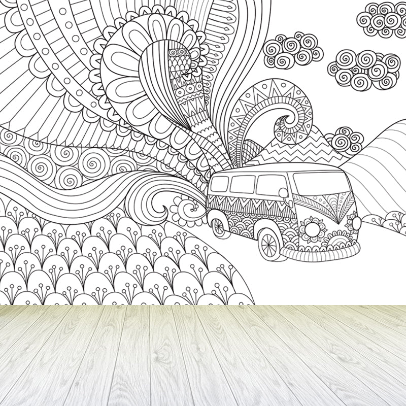 Full Size Cartoon Wallpaper Mural Black and White Hand Print Landscape Wall Covering, Custom Made Black Design 1 Clearhalo 'Wall Decor' 'Wall Mural' 1807568