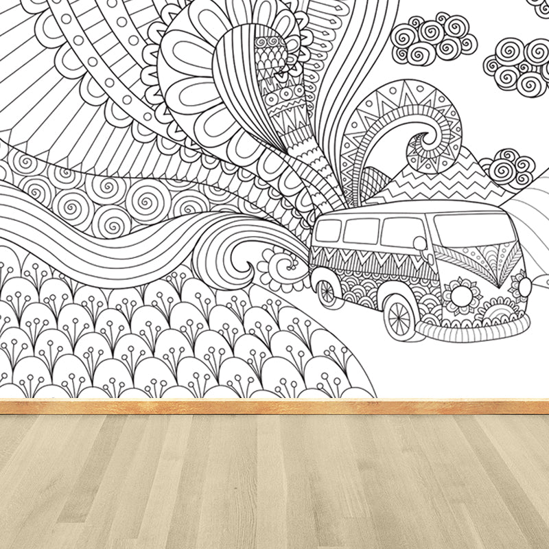 Full Size Cartoon Wallpaper Mural Black and White Hand Print Landscape Wall Covering, Custom Made Clearhalo 'Wall Decor' 'Wall Mural' 1807570