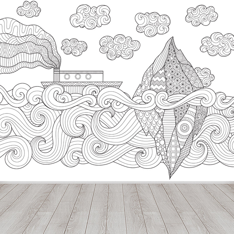 Full Size Cartoon Wallpaper Mural Black and White Hand Print Landscape Wall Covering, Custom Made Black Design 2 Clearhalo 'Wall Decor' 'Wall Mural' 1807573