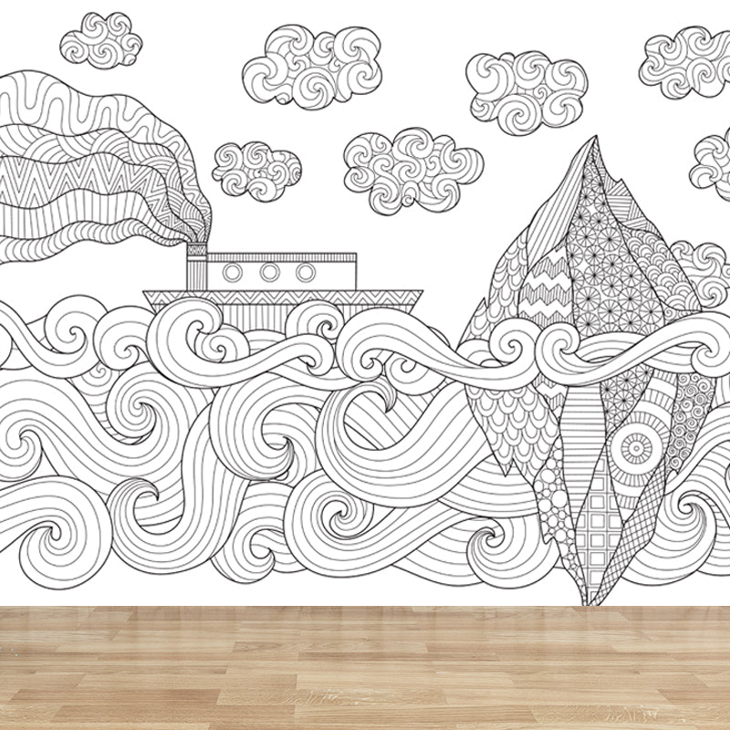 Full Size Cartoon Wallpaper Mural Black and White Hand Print Landscape Wall Covering, Custom Made Clearhalo 'Wall Decor' 'Wall Mural' 1807574