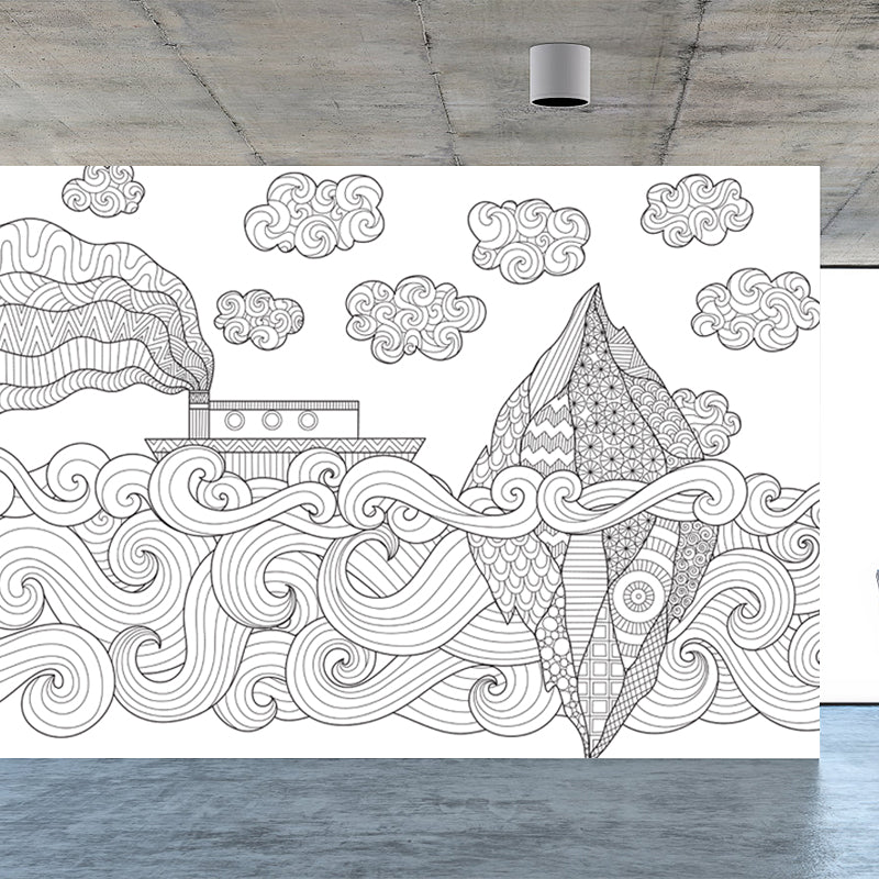 Full Size Cartoon Wallpaper Mural Black and White Hand Print Landscape Wall Covering, Custom Made Clearhalo 'Wall Decor' 'Wall Mural' 1807575