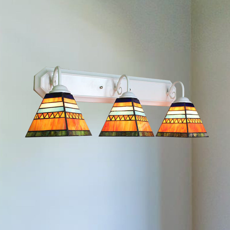 Pyramid Stained Glass Sconce Light Fixture Tiffany 3 Heads Orange Wall Mount Light Orange Clearhalo 'Industrial' 'Middle century wall lights' 'Tiffany wall lights' 'Tiffany' 'Wall Lamps & Sconces' 'Wall Lights' Lighting' 180758