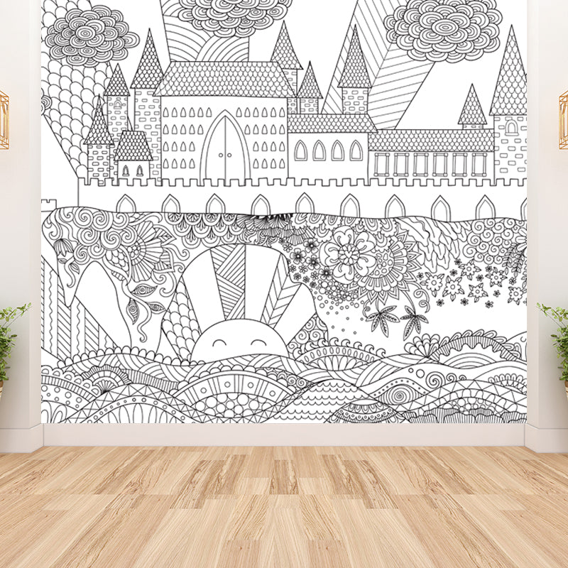 Full Size Cartoon Wallpaper Mural Black and White Hand Print Landscape Wall Covering, Custom Made Clearhalo 'Wall Decor' 'Wall Mural' 1807580